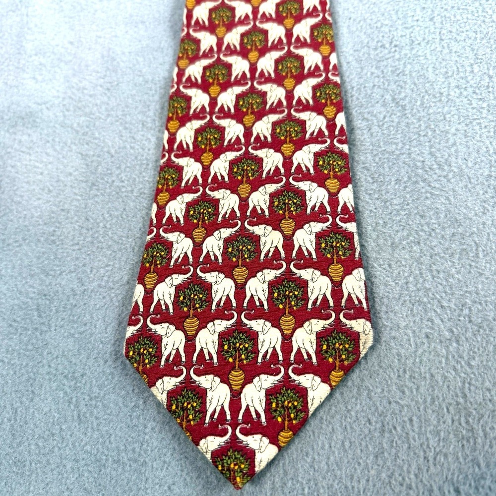 Mens Elephant and Lemon Tree Silk Tie Burgundy Red Hand Tailored Italian Silk
